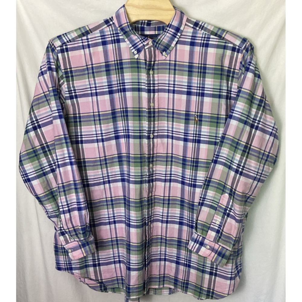Ralph Lauren Mens 3 XB Long Sleeve Shirt Pink Green Plaid Summer Classic Preppy